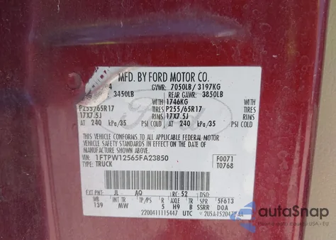 2005 Ford F-150 Lariat/Xlt из США, поврежденный, VIN 1FTPW12565FA23850